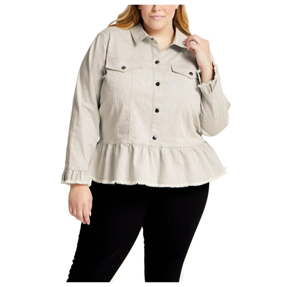 NWT Given Kale Women's Plus Ruffle Trim Stretch Cotton Blend Twill Peplum Shirt